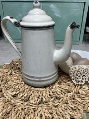 Vintage White Enamel Kettle Coffee Pot Enamelware Vase Farmhouse Cottage Kitchen